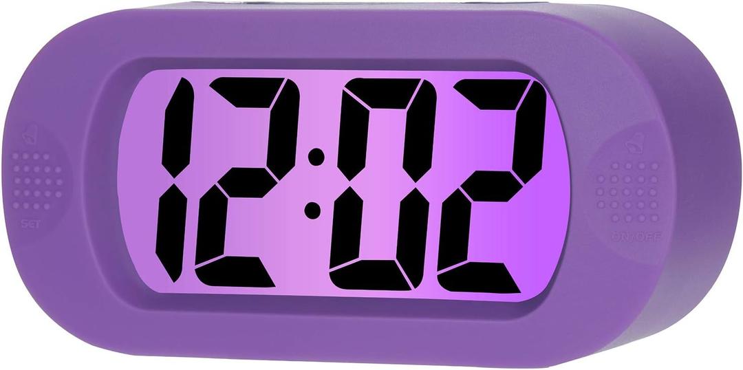 Plumeet Kids Alarm Clock Large Digital LCD Travel Alarm Clocks with Snooze and Night Light - Ascending Sound and Handheld Size - Best Gift for Kids (Purple)