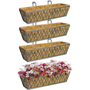 4 Pack 24 Inch Window Boxes Planters Railing Planter Box with Adjustable Brackets for Porch Fence Patio Balcony Hanging Flower Baskets with Coco Liners for Outdoor Garden Decor - Grey (Gray)