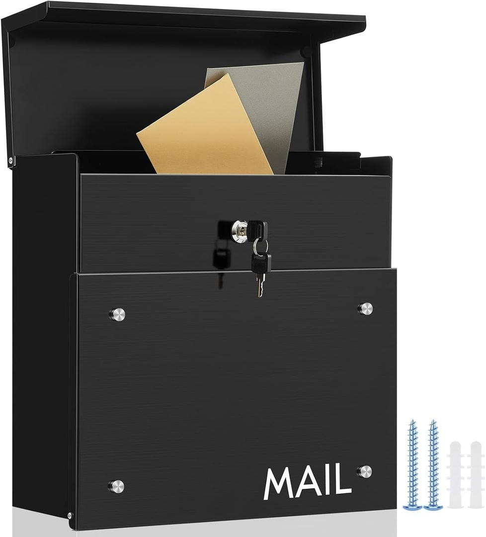 Wall Mounted Modern Locking Mailbox 14.25" x 14" x 5.75" Large Capacity Metal Mail Box with Key Lock Galvanized Steel Security Lock Drop Black Postbox Rustproof Mailbox for Outside Home Office
