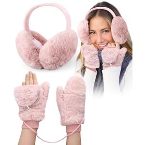 Jeere 2 Pcs Winter Ear Muffs Mittens Set Faux Fur Flip Mittens Fuzzy Cute Fluffy Earmuffs Convertible Warm Gloves for Women