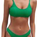 Fanuerg Women's Ribbed Bikini Sets Scoop Neck Cheeky Swimsuit Textured Two Piece Bathing Suit (Medium, Green)