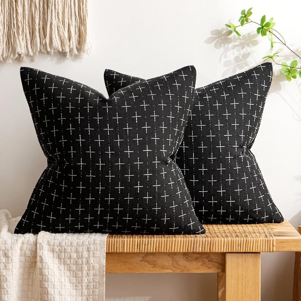 MIULEE Pack of 2 Decorative Burlap Linen Throw Pillow Covers Modern Farmhouse Pillowcase Rustic Woven Textured Cushion Cover for Sofa Couch Bed 20x20 Inch Black