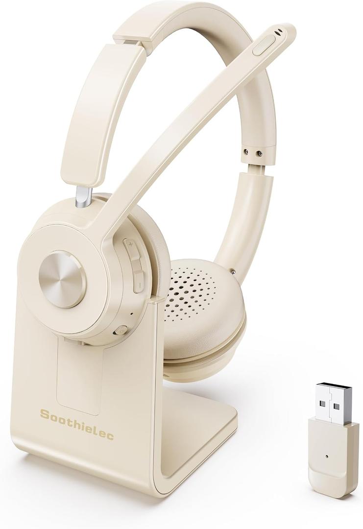 Soothielec Wireless Headset with Mic for Work, Bluetooth Headset with Noise Cancelling Microphone, Headphones with Mic Mute & USB Dongle for PC/Computer/Laptop/Cell Phones/Remote Work/Call Center