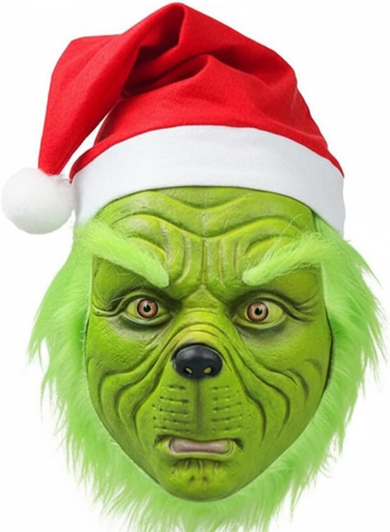 casapre GreenMonster Mask with Santa Hat, Green Christmas Character Costume Accessory for Adults