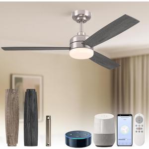 Chelsea Ceiling Fan 52 Inch with Light and Remote Brushed Nickel Downrod, Flush Mount Ceiling Fan with Light Alexa, Google Home & Tuya Compatible Alexa Ceiling Fans