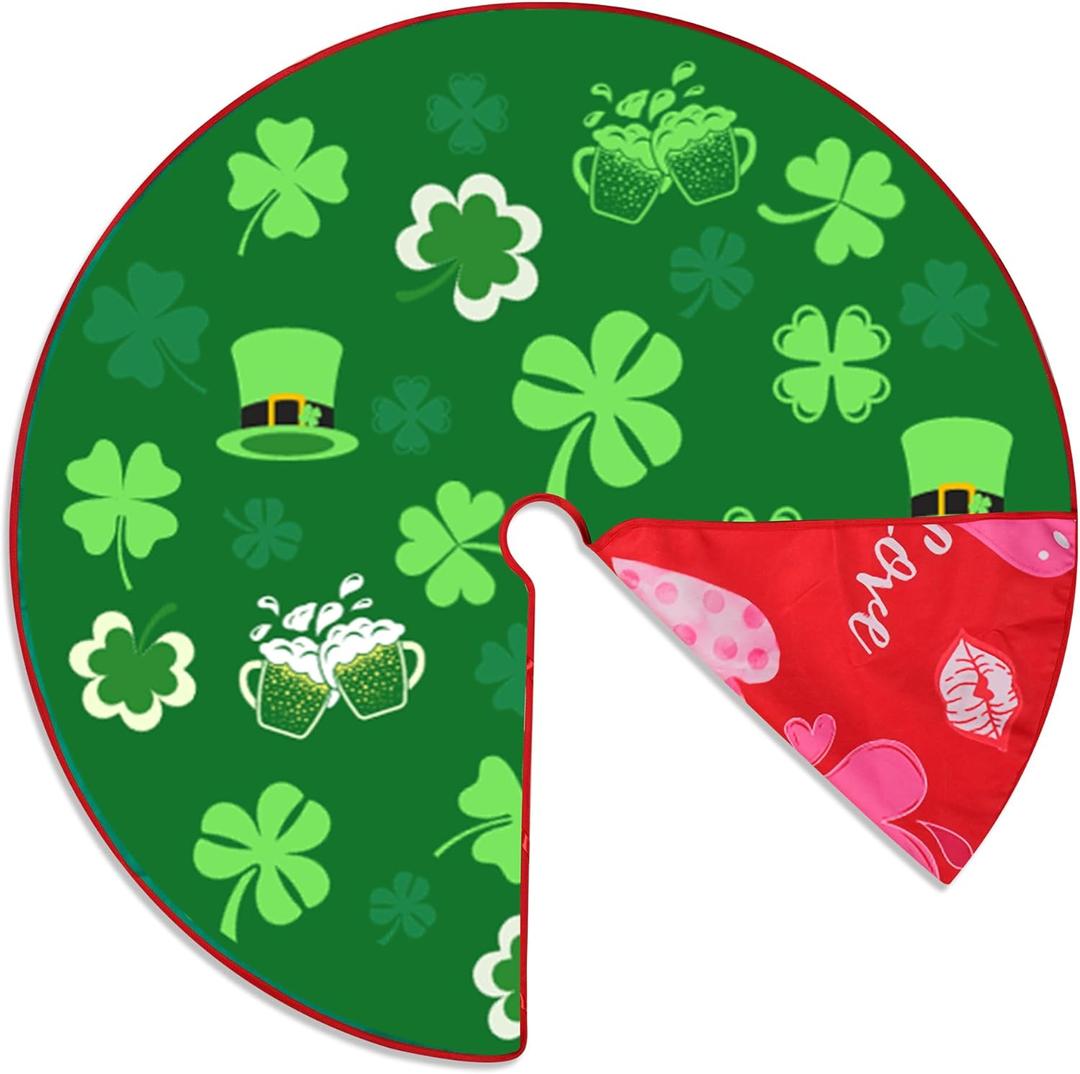 36 Inch Valentine's Day Tree Skirt Love Heart Clover Double Sided Print Mat St. Patrick's Day Tree Skirt Christmas Tree Skirt for Holiday Party Decoration