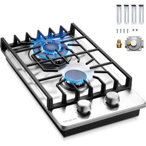 2 Burner Propane Stove, Hibghse 12 Inch Gas Cooktop Built-in Gas Stove NG/LPG Convertible Stainless Steel Stove Burner with Thermocouple Protection for Kitchen, Apartment, Outdoor, RVs, 12 Inch-Style 1
