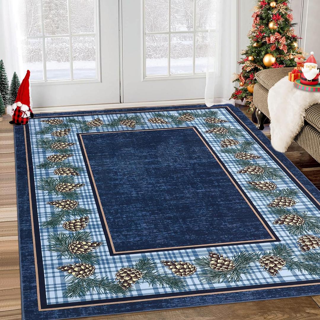 RUGSREAL Christmas Rug 3x5 Pine Cones Decor Rug Non Slip Washable Rugs Low Pile Indoor Floor Cover for Bedroom Living Room, Blue