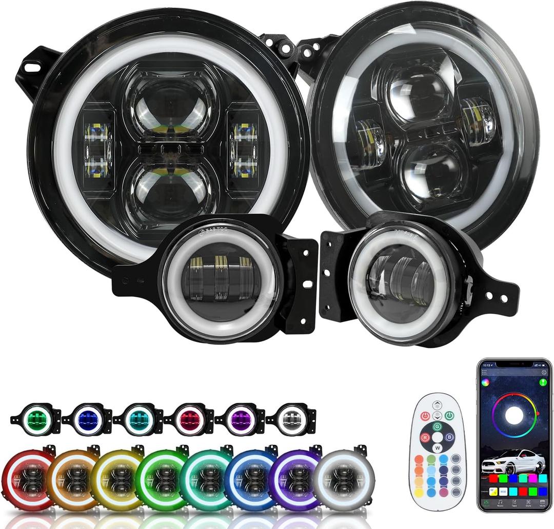 SUNPIE 9 Inch RGBW Halo lights with Fog Lights Combo Compatible with 2018 2019 2020 2021 2022 2023 2024 2025 JL JLU 4XE Compatible with 2019 2020 2021 2022 2023 2024 2025 JT APP Control Remote Control
