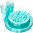 WDF 25 Guest Green Plastic Plates with Disposable Silverware&Green Cups-Neon Clear Plastic Dinnerware include 25 Dinner & Salad Plates, 25 Forks, 25 Knives, 25 Spoons, 25 Cups for Party