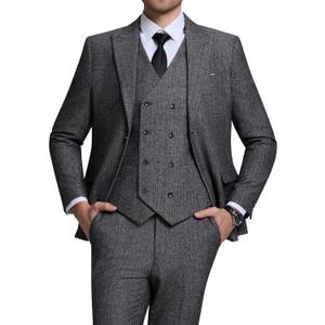 Men's Suits Herringbone Tweed Suits for Men Retro 3 Piece Peak Lapel Blazer Wedding Prom Suit Jacket Vest Pants Set (XX-Large, Dark Grey)
