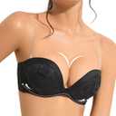 YBCG Push Up Strapless Plunge Bra with Clear Straps Convertible Lace Padded Add 2 Cups Underwire Low Cut for Women (Black)