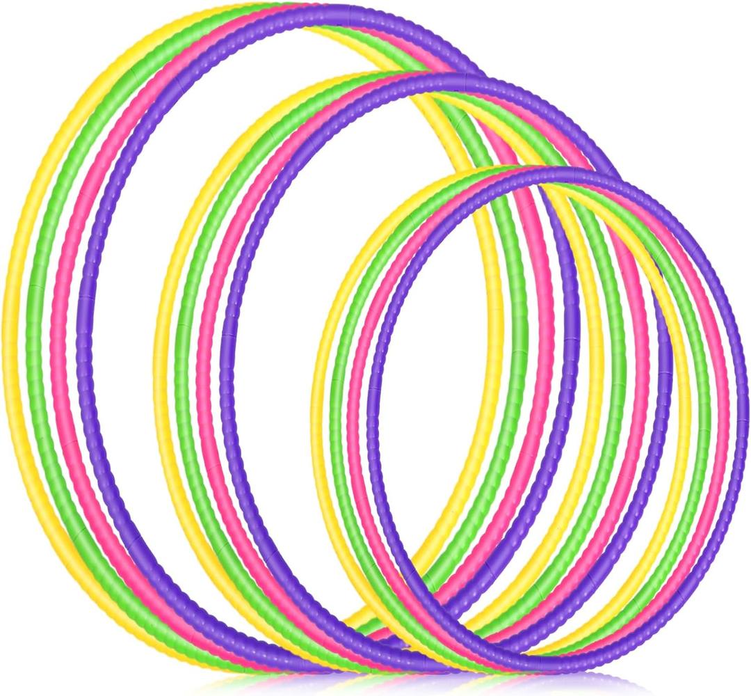 Syhood 12 Pcs Toy Color Hoop Plastic Detachable Adjustable Hoop Light Weight Exercise Fitness Equipment Toy Waist Ring for Adult Party, 3 Sizes(Green, Rose, Yellow, Purple)