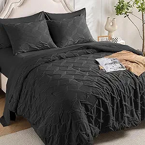 Swandream Queen Bedding Comforter Set- Luxury Spandex Jacquard 7 Pieces Bed in a Bag, Lightweight Comforter with 1 Fitted Sheet, 1 Flat Sheet, 2 Pillowshams & 2 Pillowcases, Dark Grey