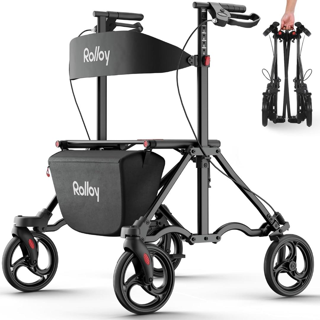 Rollator Walkers for Seniors with Seat, Aluminum Ultra-Compact Travel Rolling Walker, 350lbs Capacity, 20" Extra-Wide Seat, Heavy-Duty, Easy Folding, Height Adjustable for Tall over 6ft, 8" Big Wheels (Black)