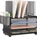 LEKETREE Desk Organizers and Accessories, 3-Tier Paper Organizer with 5 Vertical File Holders, File Organizer for Desk (Black With Drawer, 3T With Drawer)