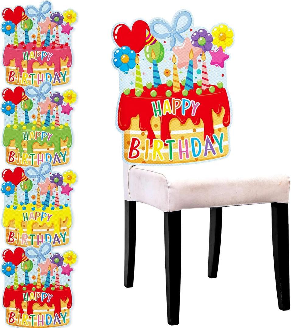 4 Pcs Birthday Cake Chair Covers for Classroom Happy Birthday Seat Cover for Back to School Party Supplies 100th Day of School Party Decorations for Classroom Office Home