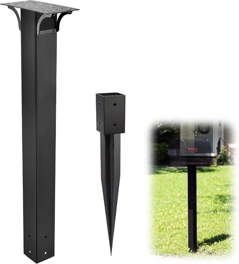 Black Mailbox Post for Outside, 43x4x4 inch, Heavy Duty In-Ground Post with Plate Bracket and Ground Anchors, Ideal for Outside Curbside Residential Use