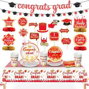 KatchOn, Red Graduation Decorations 2025 Set - Pack of 170, Serve 25 | Glitter Congrats Grad Banner, 2025 Graduations Party Decorations | Grad Photo Props, Graduation Party Supplies