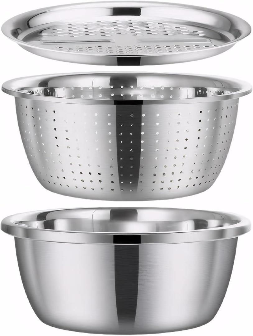 10.24in Multifunctional Stainless Steel Basin,3-in-1 Stainless Steel Basin Strainer Set, Including Solid Basin Drainer and Grater, Easy to Clean and Improve Cooking Efficiency