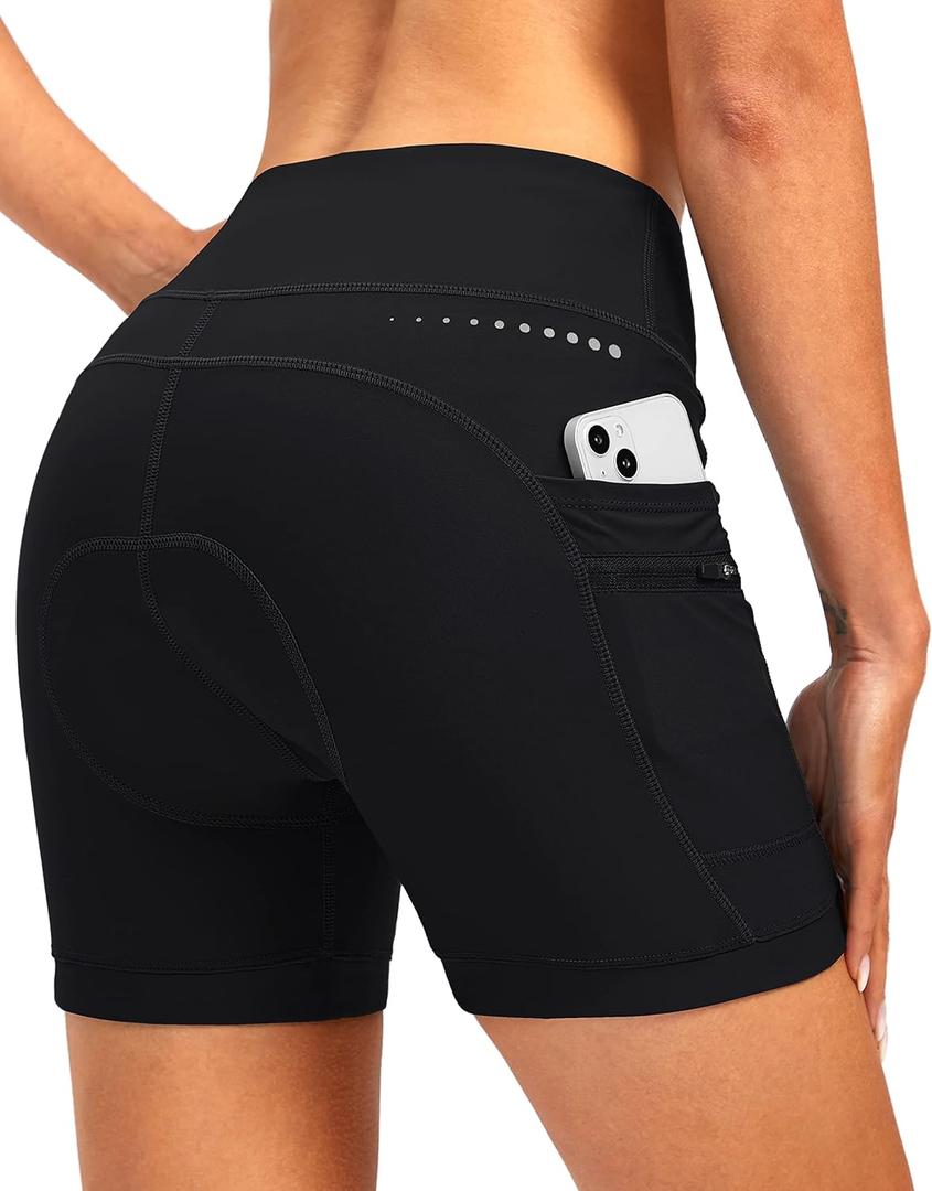 Women's 4D Padded Bike Shorts 5"/7" Riding Underwear Cycling Bicycle Road Biking Cycle Shorts for Women Zipper Pockets (Large, Black)
