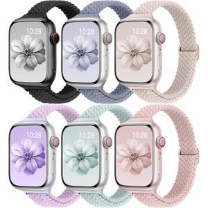 Slim Braided Bands for Apple Watch Band 40mm 41mm 42mm 38mm 46mm 44mm 45mm 49mm Women,Stretchy Solo Loop Nylon Elastic Thin Narrow Skinny Strap for iWatch Ultra 3/SE 3 Series 11 10 9 8 7 6 5 4 3 2 33 (02-black/blue gray/starlight/lavender/turquoise/pink sand)