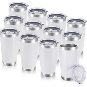 20 oz Tumblers Bulk Stainless Steel Tumbler with Lid Double Wall Vacuum Insulated Coffee Mug 20oz Powder Coated Cup for Hot and Cold Drinks, White, 12 pack, Medium