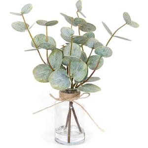 Muhanjia Artificial Eucalyptus Stems in Glass Vase with Faux Water, 3Pcs Fake Plant with Double-Sided Green Leaves for Centerpiece(Double-Sided Green Eucalyptus)