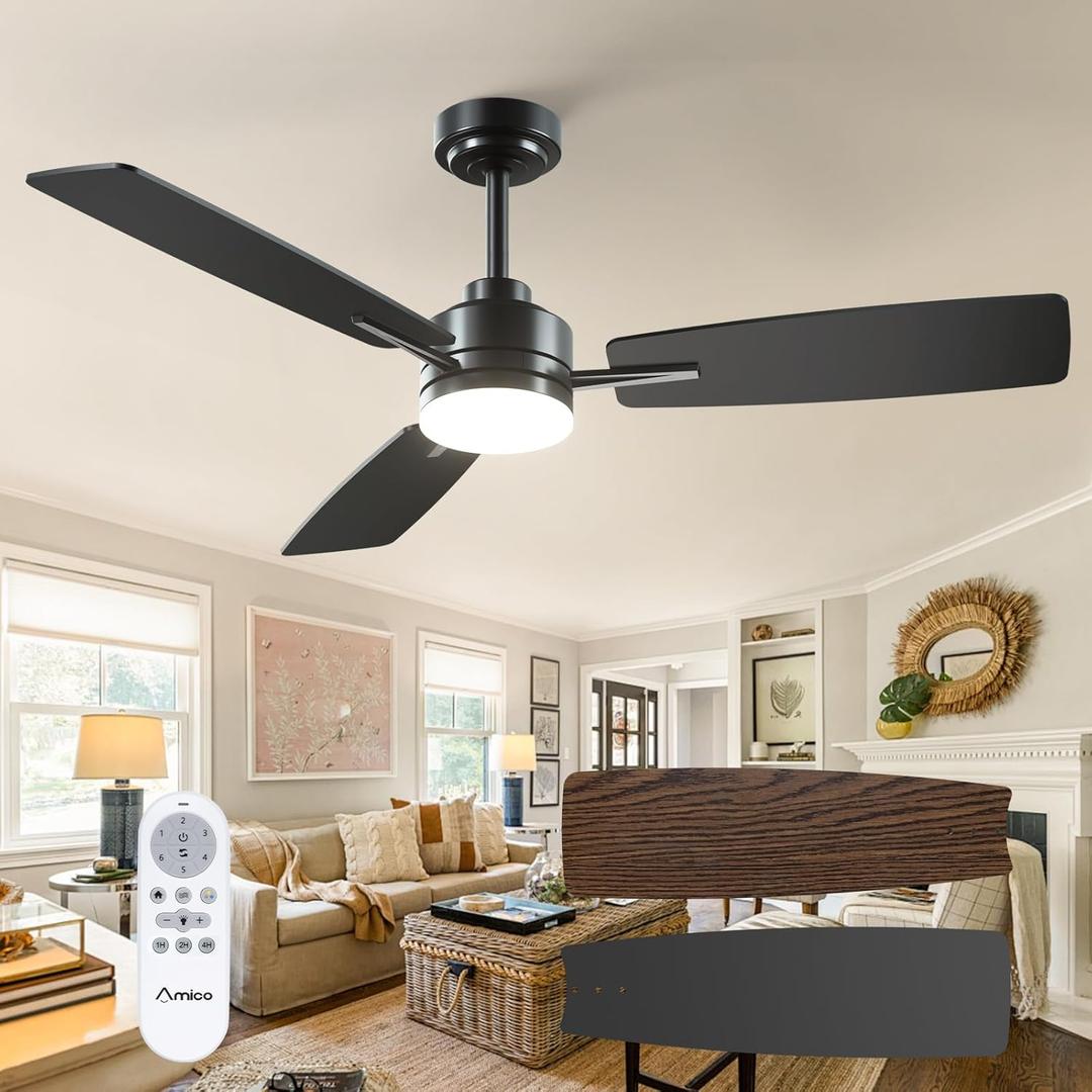 Amico Ceiling Fans with Lights, 52 Inch Ceiling Fan with Light and Remote Control, Black Fan, Reversible, 3CCT, Dimmable, Noiseless, Ceiling Fan for Bedroom, Indoor/Outdoor Use
