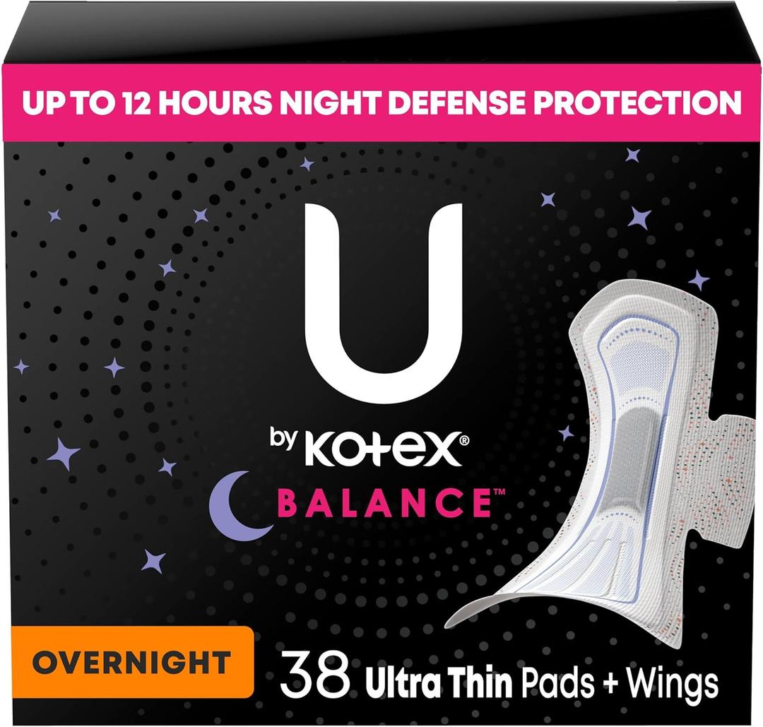 U by Kotex Balance Ultra Thin Pads with Wings, Overnight Absorbency, 38 Count