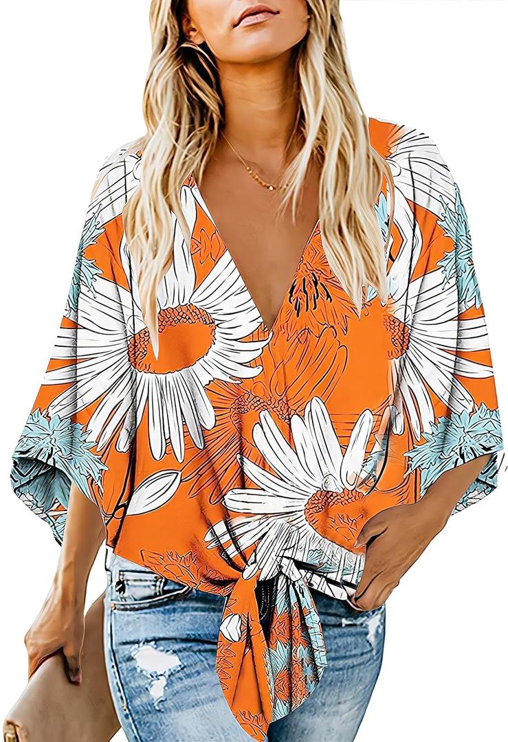 Women's Casual Floral Blouse Batwing Sleeve Loose Fitting Shirts Boho Knot Front Tops (X-Large, Yellow)
