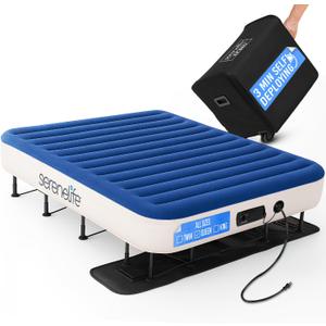 SereneLife EZ Bed Air Mattress with Frame and Rolling Case, Self-Inflating Airbed with Built in Pump for Travel and Hosting, Queen