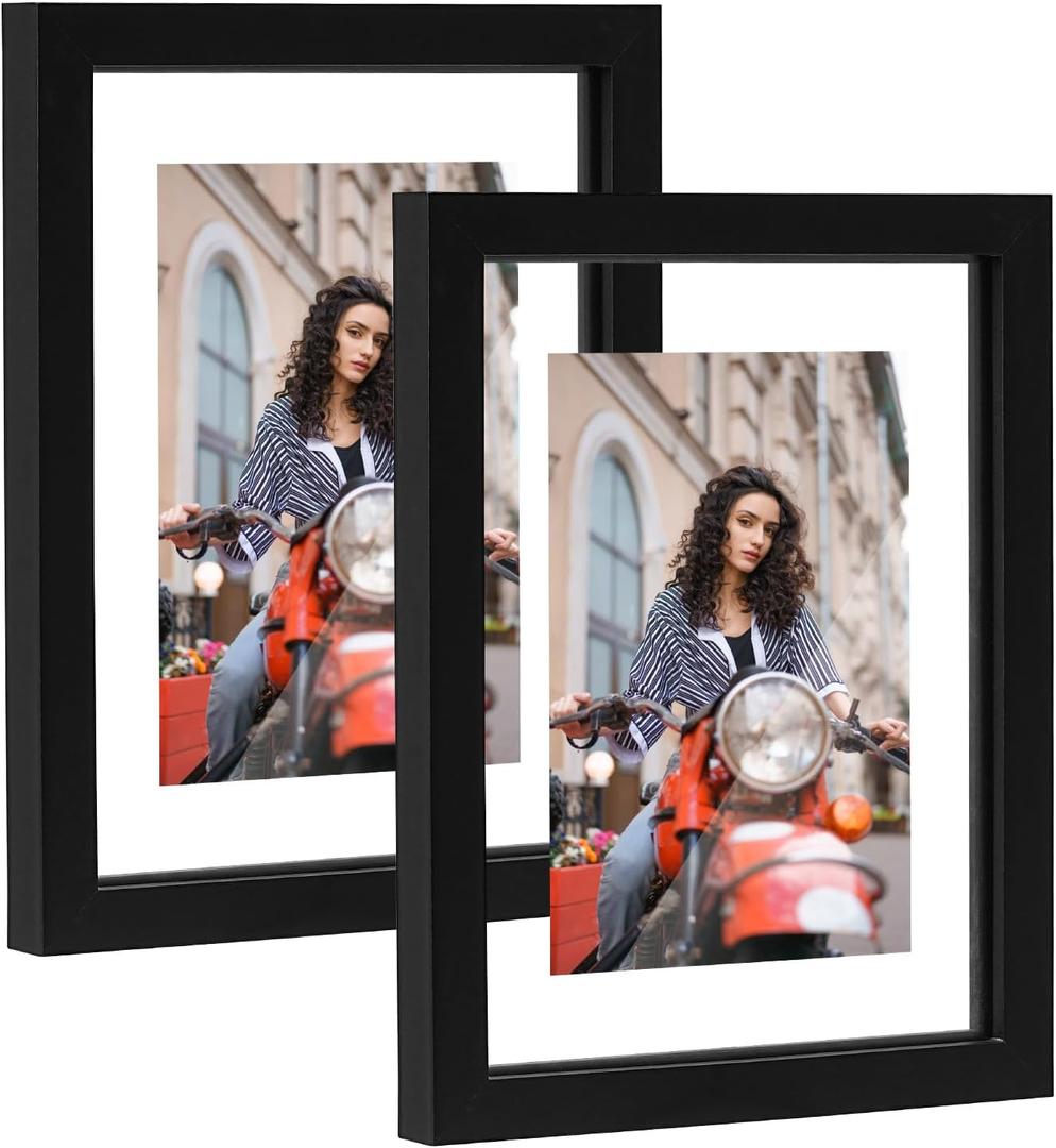 6x8 Floating Picture Frames Set of 2, Double Glass Floating Frame for 4x6, 5x7 Pictures or Full Display 6x8 Photos Tabletop or Wall Hanging (Black)