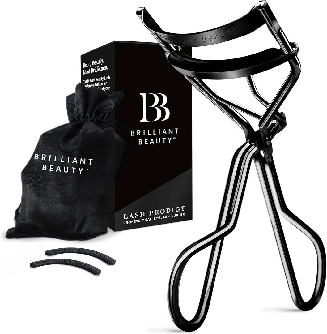 Brilliant Beauty Eyelash Curler with Satin Bag & Refill Pads - Award Winning Eye Lash Curlers for Dramatically Curled Eyelashes & Lash Lift in Seconds (Jet Black)