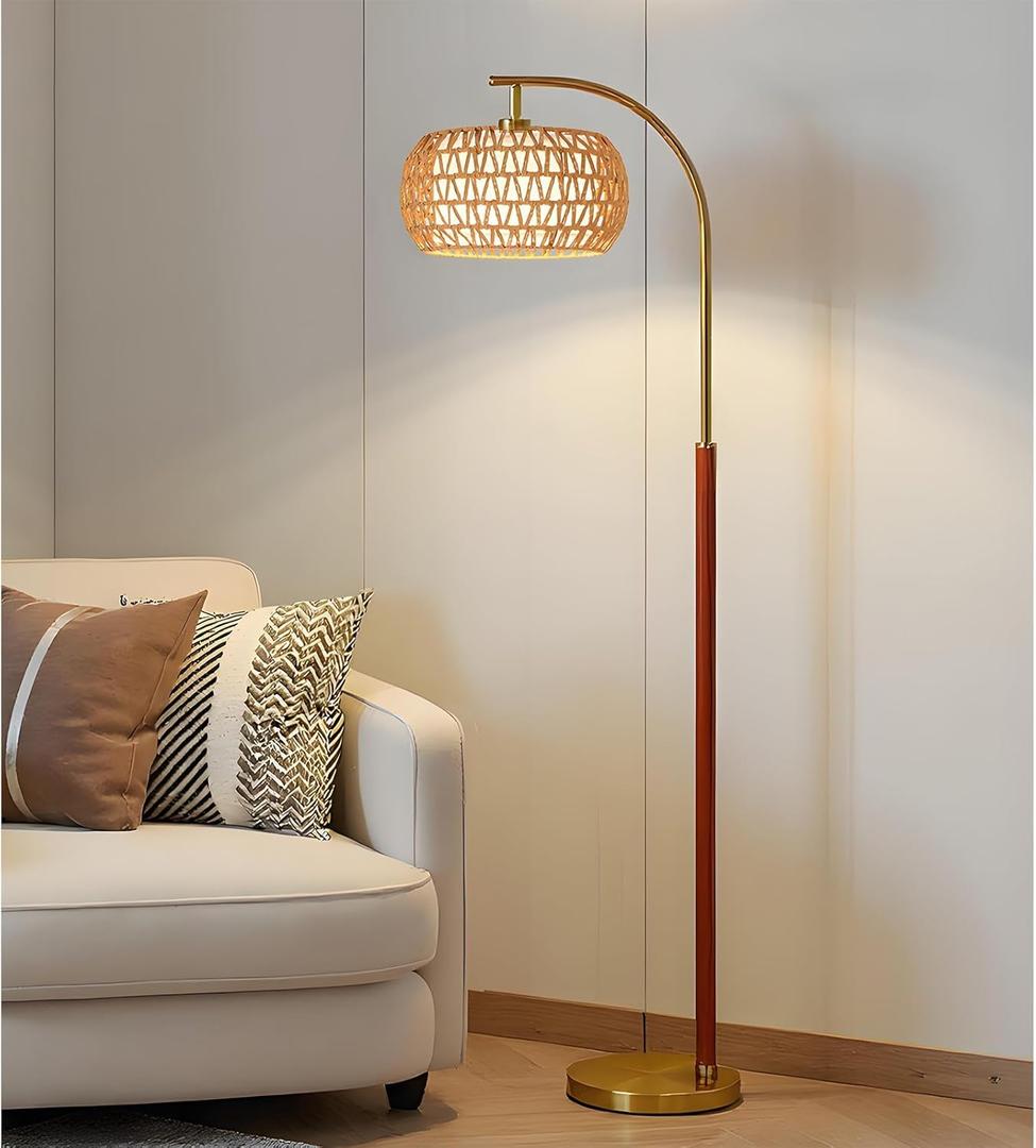 65” Walnut Gold Boho Floor Lamp for Living Room, 1200 Lumens 3-Level Brightness Rattan Floor Lamp for Bedroom, Wood Mid Century Modern Arc Standing Lamp, Rattan Tall Lamp, LED Bulb Included