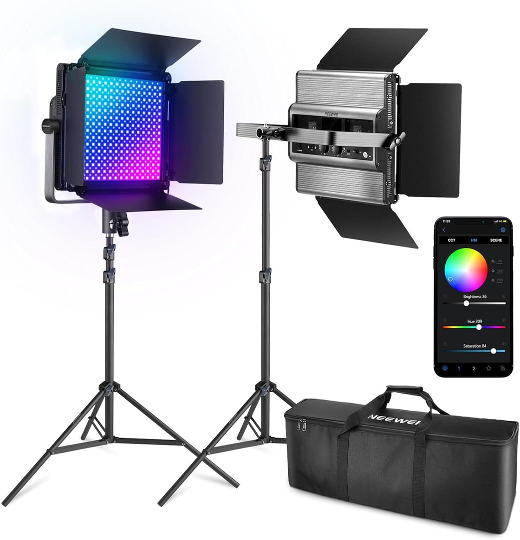 NEEWER 2 Pack RGB1200 LED Video Light with APP/2.4G Control, Key Lighting Kit with Tripod Stands & Bag for Streaming Recording Studio Photography, 60W/22000Lux/1% Min Dimming/360 RGB/CRI97+/TLCI98+