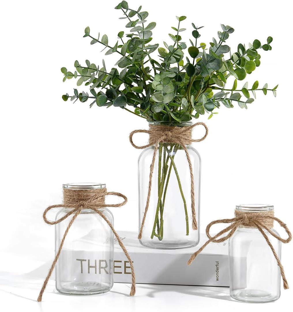 Vintage Glass Vases for Flowers, Set of 3 Clear Vases for Farmhouse Wedding Centerpiece Cylinder Bottle for Reception Table Decor Housewarming Birthday Floral Arrangements (S+M+L)