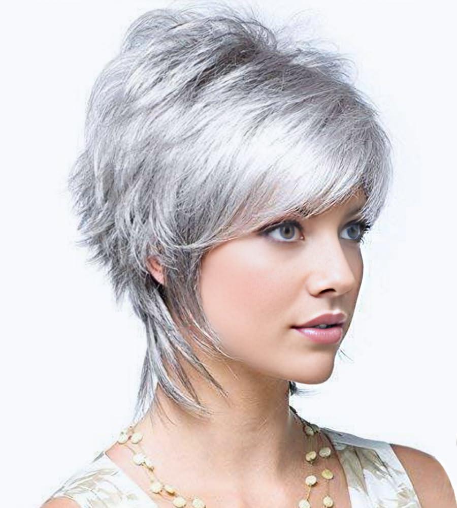 SEVENCOLORS Short Grey Wigs for Women Natural Layered Pixie Cut Wig with Bangs Synthetic Hair Short Silver Gray Wigs for Older White Women