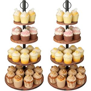 Cupcake Stand, 2 Pack Rustic Wood Cake Stand, 4 Tier Cupcake Tower Round Tiered Tray Stand for Dessert Table Display, Industrial Wooden Serving Stand Wedding, Graduation and Baby Shower
