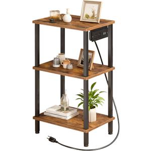 Tall End Table with Charging Station, Narrow Nightstand with USB Ports and Outlets, 3-Tier Small Bedside Table with Storage Shelves for Living Room, Bedroom, Hallway, Rustic Brown