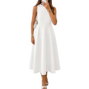 ZESICA Women's Spring Sleeveless Cocktail Dresses 2026 Summer Crewneck Flowy Wedding Guest Party A Line Midi Dress White Medium