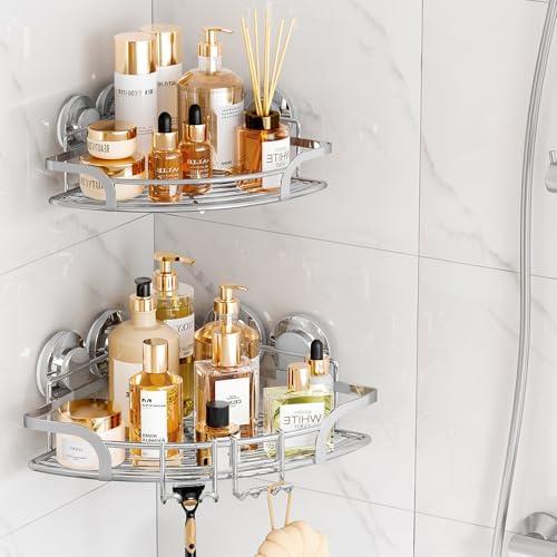 LEVERLOC Powerful Suction Cup Corner Shower Caddy 2 Pack, Stainless Steel Rustproof Shower Shelf with Hooks, Drill-Free Wall Mounted Bathroom Organizer, Large Capacity Removable Suction Basket, Silver