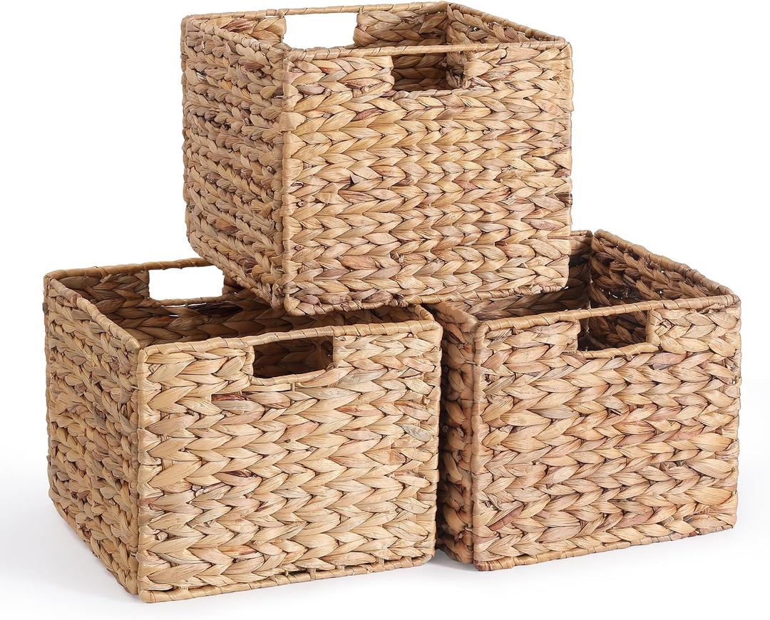 12X12X10in Water Hyacinth Storage Baskets, Wicker Storage Cubes Set of 3, Kitchen Baskets for Pantry Organization, Foldable Square Baskets for Shelves