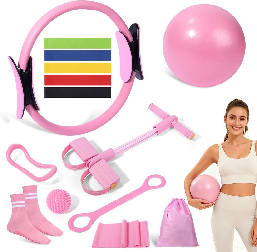 Pilates Kit 14 Pcs, Pilates Essentials Kit for Women, Pilates Equipment for Home with Yoga Circle Ball Ring, 5 Resistance Bands,Pedal Puller Resistance Band,Anti-Slip Socks for Starter Set Accessories