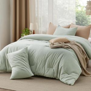 Bedsure Comforter Set King Size - Cotton Fabric with Microfiber Inner Fill, Sage Green Soft Bed Set for All Seasons, 3 Pieces, 1 Comforter (104" x 90") and 2 Pillow Cases (20" x 36")