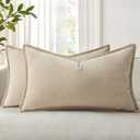 decorUhome Spring Chenille Soft Cozy Throw Pillow Covers 12x20 Set of 2, Modern Farmhouse Boho Velvet Decorative Pillow Cases with Stitched Edge for Couch Sofa Bed Home Decor, Beige