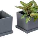MyGift 5-inch Dark Gray Cement Indoor Plant Pot with Drainage, Mini Square Succulent Planter Includes Removable Tray, Set of 2