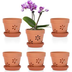 JUXYES Pack of 6 Small Terracotta Orchid Pots with Holes and Saucers, 4-Inch Clay Planter Pots for Indoor and Outdoor Use, Promotes Air Circulation