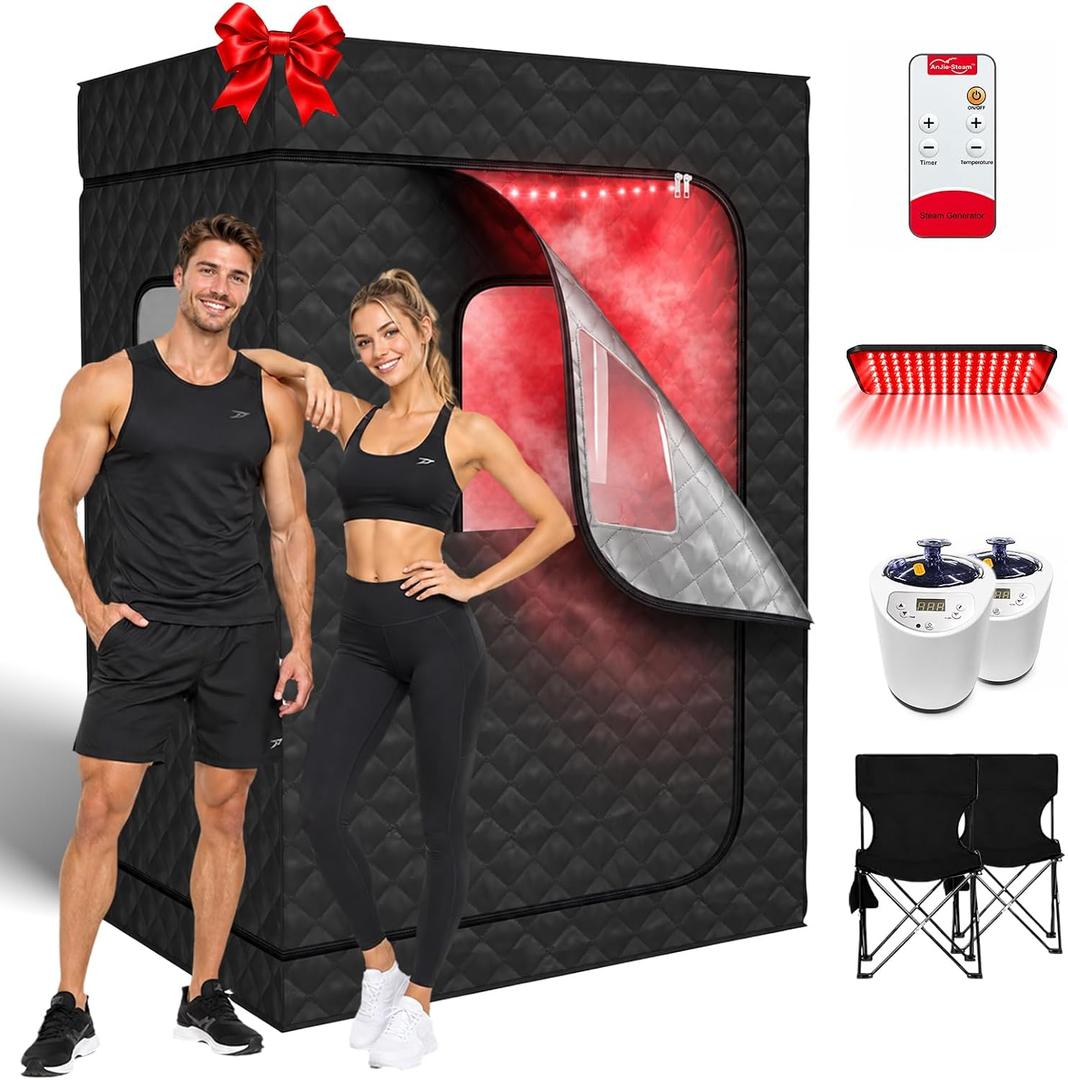 Portable Infrared 2 Person Saunas for Home,Sauna Box with 160 Leds Red Light Therapy,Steam Sauna Tent with 2 Steamers,2 Folding Chairs,5-Layer Waterproof and Remote Control,Full Body Home Spa