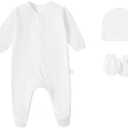FITFIFTH POD Newborn 0~3Months Baby Girls Thanksgiving Outfit Infant White Footie Romper 100% Pure Cotton Comfortable Rompers Long Sleeve Jumpsuit